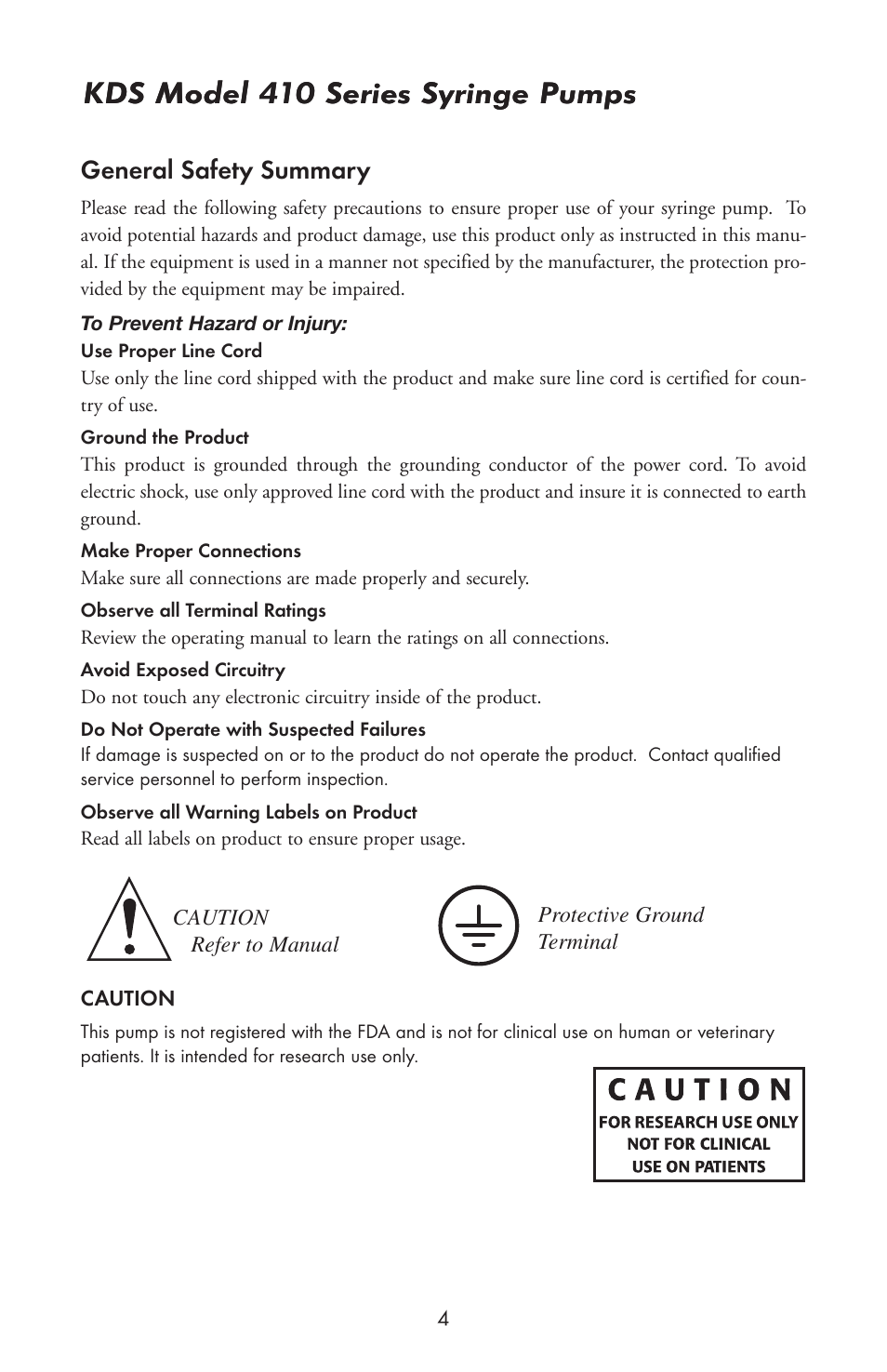 Kds model 410 series syringe pumps, General safety summary | KD Scientific 410 User Manual | Page 6 / 38