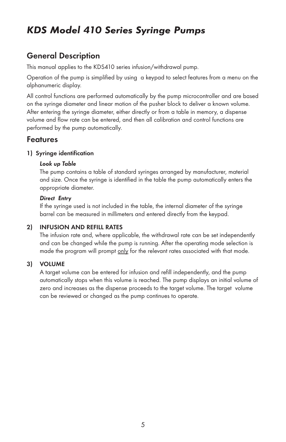 Kds model 410 series syringe pumps, General description, Features | KD Scientific 410 User Manual | Page 7 / 38