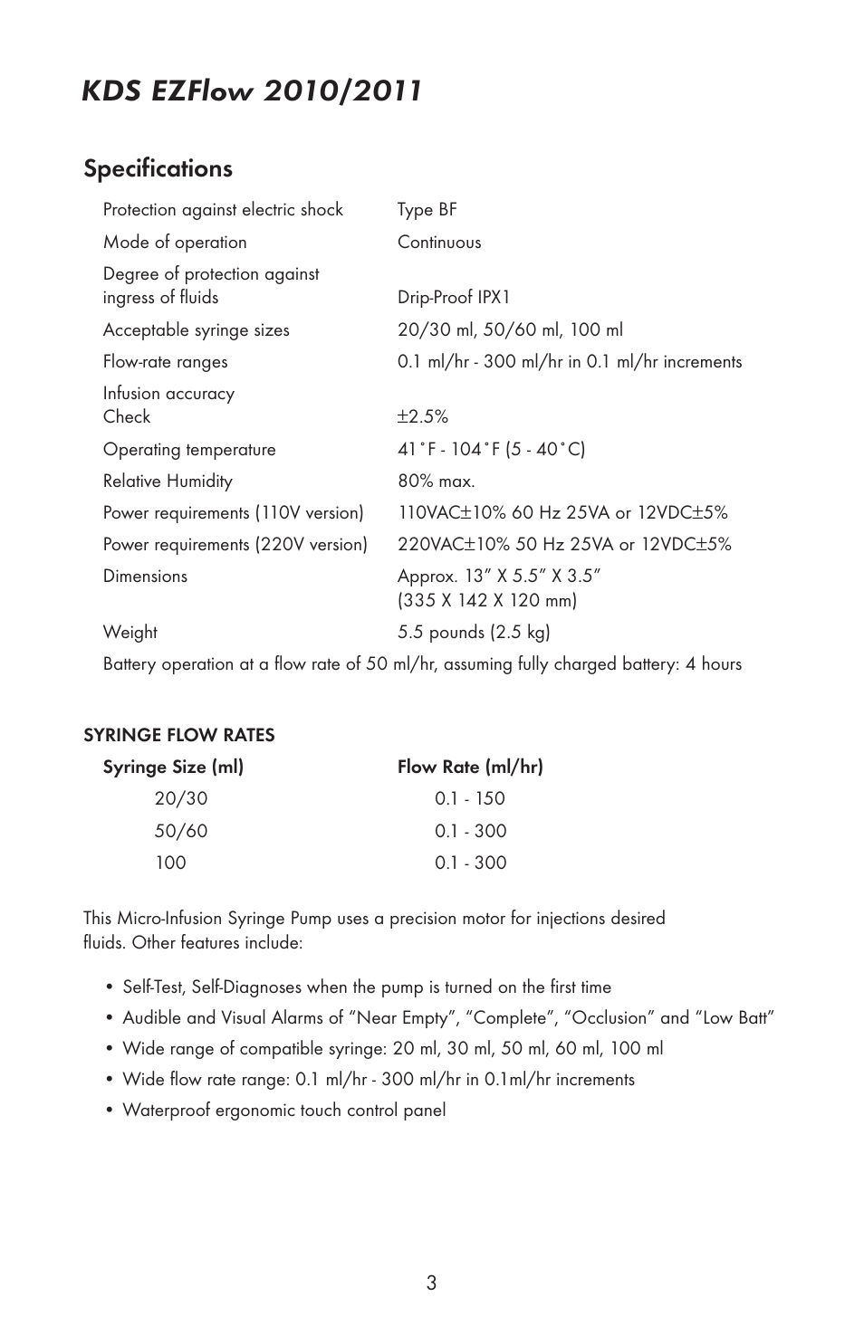 Specifications | KD Scientific EZFLOW 2010 User Manual | Page 4 / 9