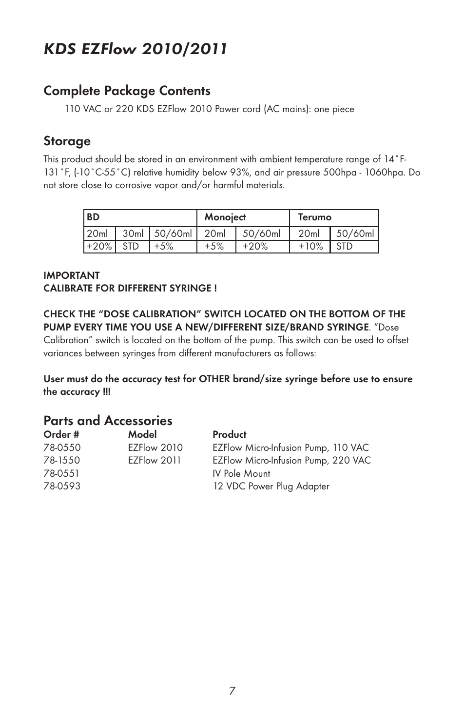 Complete package contents, Storage, Parts and accessories | KD Scientific EZFLOW 2010 User Manual | Page 8 / 9