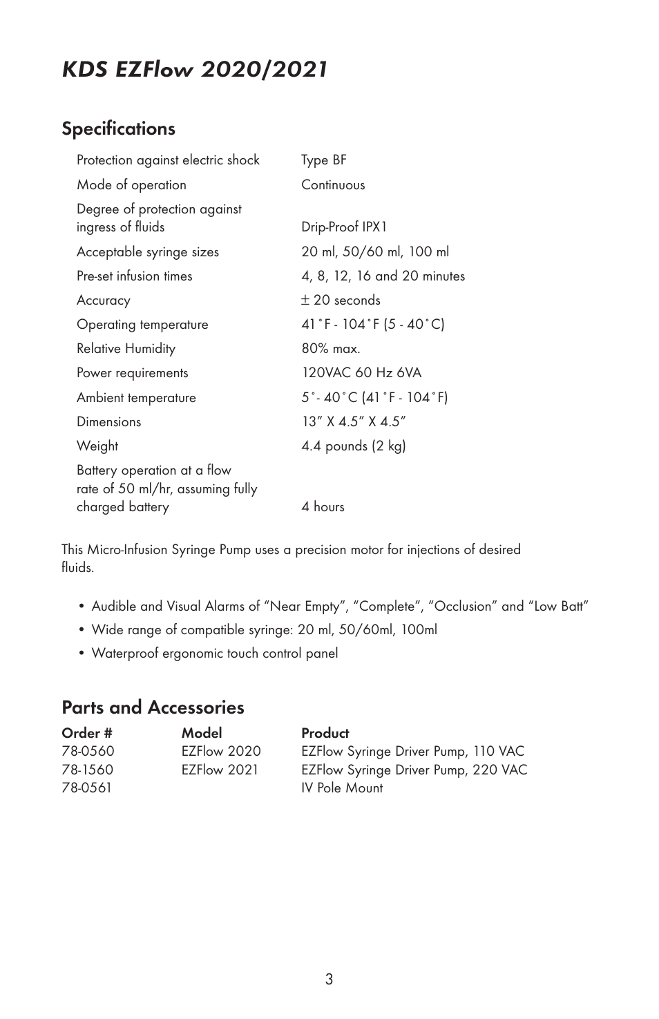 Specifications, Parts and accessories | KD Scientific EZFLOW 2020 User Manual | Page 4 / 8