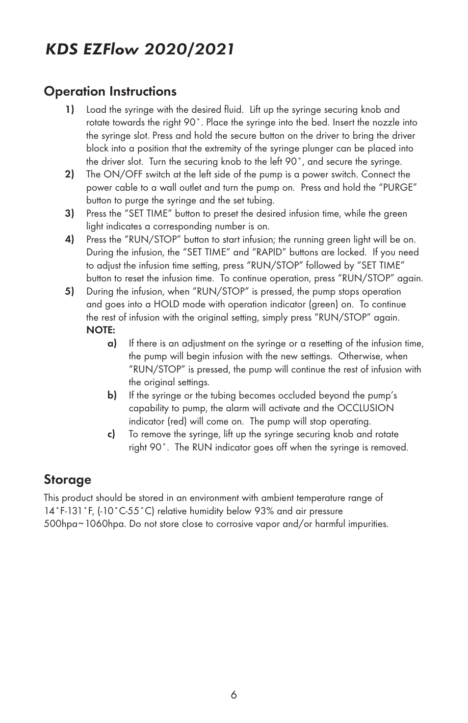 Operation instructions, Storage | KD Scientific EZFLOW 2020 User Manual | Page 7 / 8