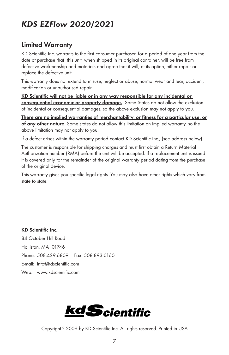 Limited warranty | KD Scientific EZFLOW 2020 User Manual | Page 8 / 8