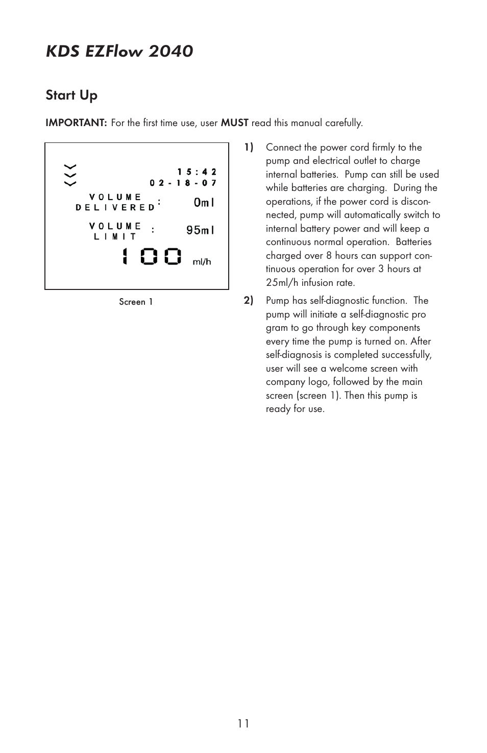 Kds ezflow 2040, Start up | KD Scientific EZFLOW 2040 User Manual | Page 13 / 34