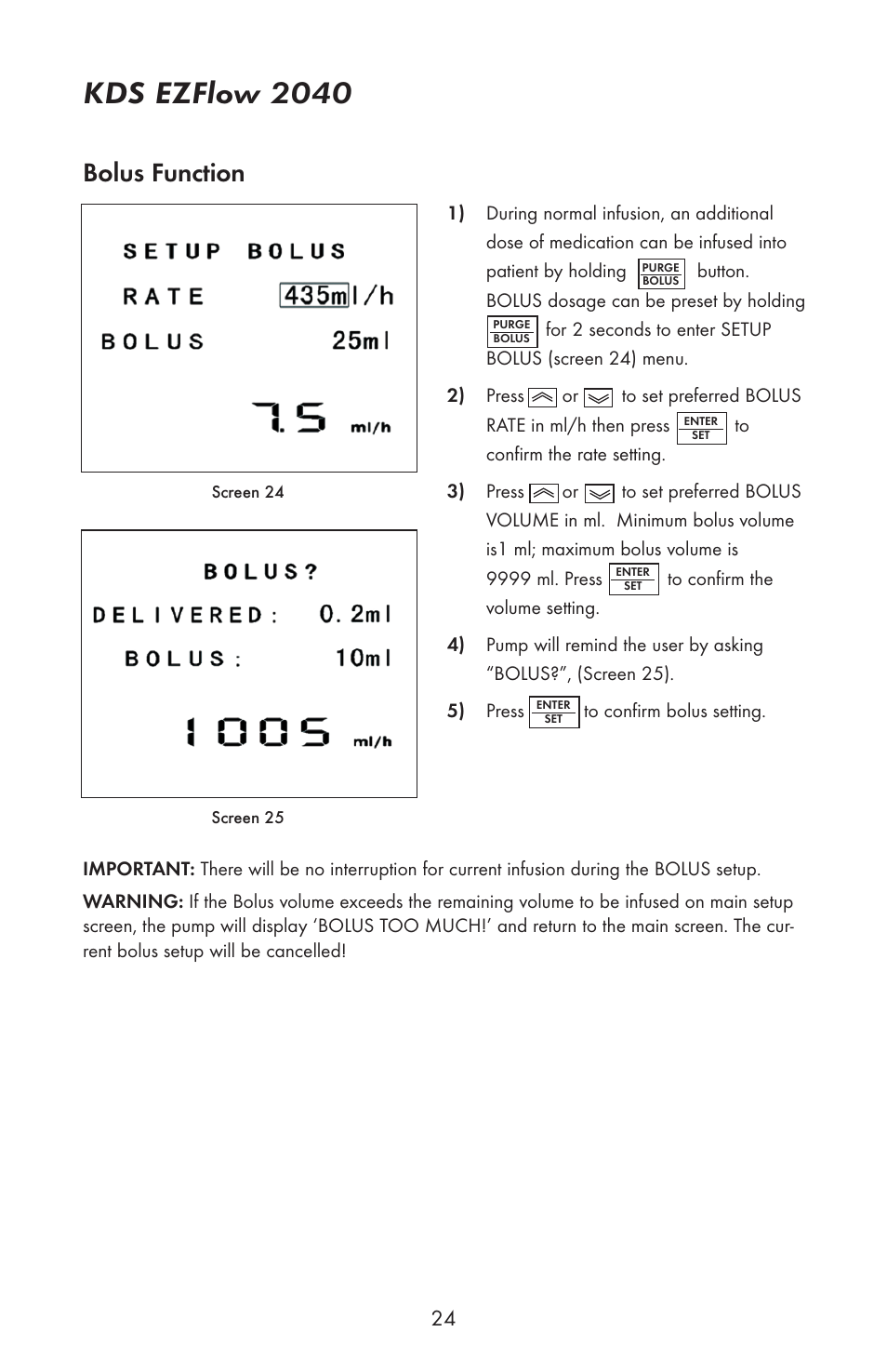 Kds ezflow 2040, Bolus function | KD Scientific EZFLOW 2040 User Manual | Page 26 / 34