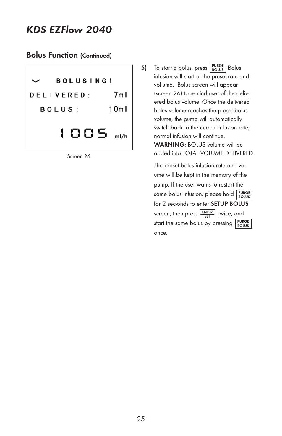 Kds ezflow 2040, Bolus function | KD Scientific EZFLOW 2040 User Manual | Page 27 / 34