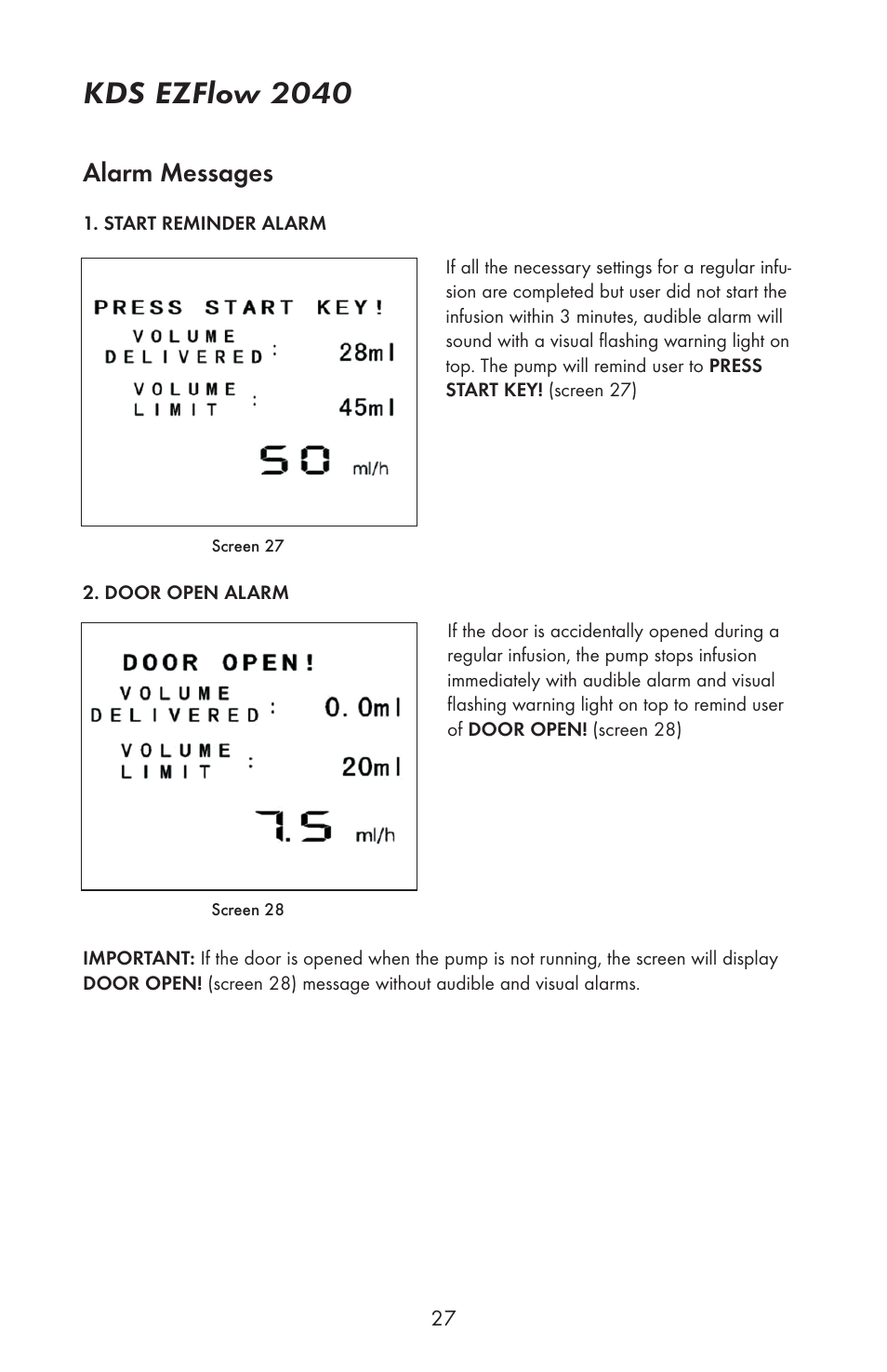 Kds ezflow 2040, Alarm messages | KD Scientific EZFLOW 2040 User Manual | Page 29 / 34