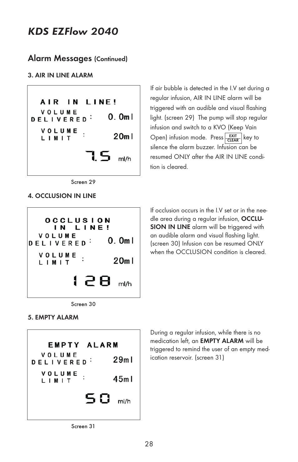 Kds ezflow 2040, Alarm messages | KD Scientific EZFLOW 2040 User Manual | Page 30 / 34