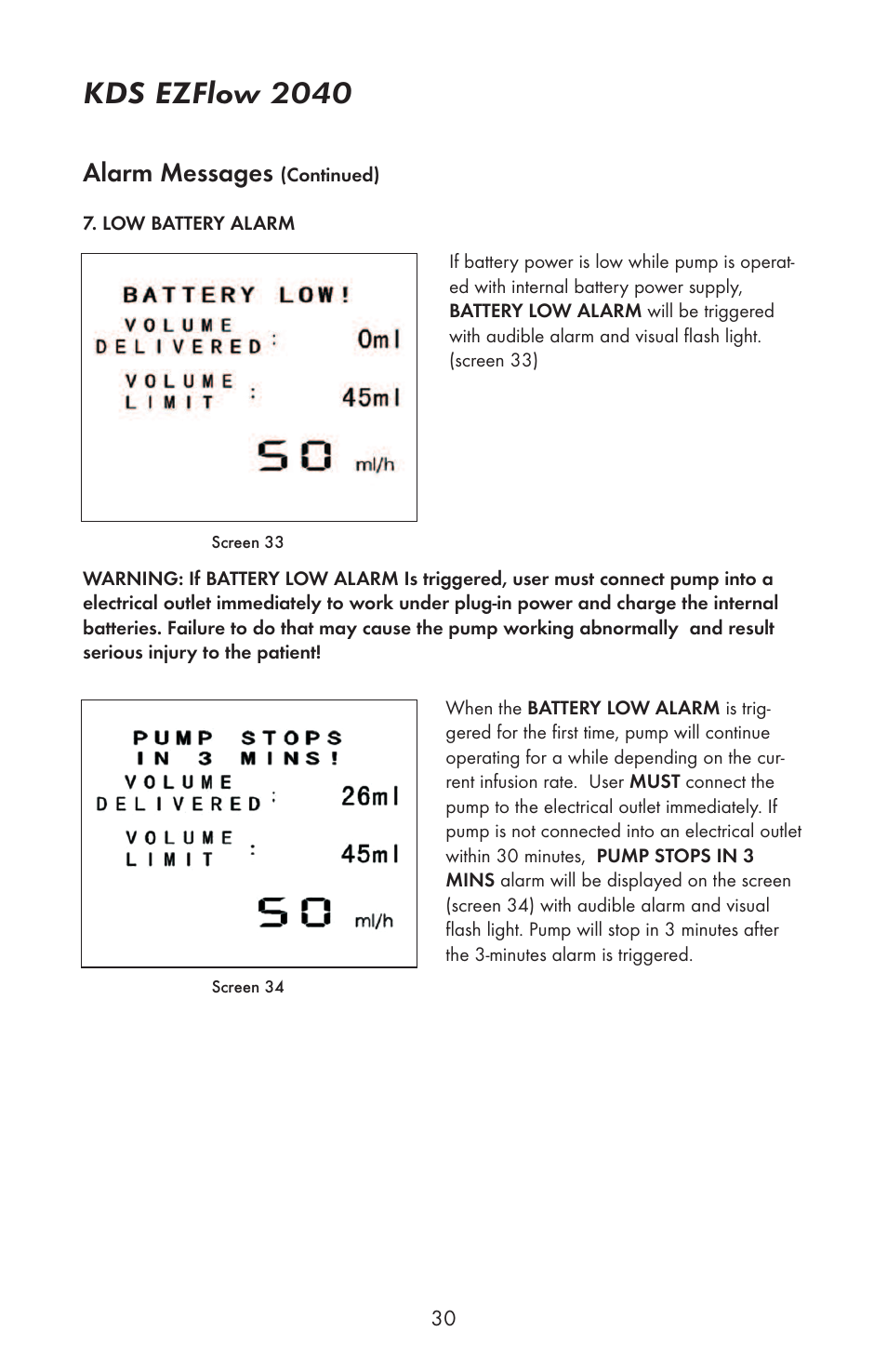 Kds ezflow 2040, Alarm messages | KD Scientific EZFLOW 2040 User Manual | Page 32 / 34