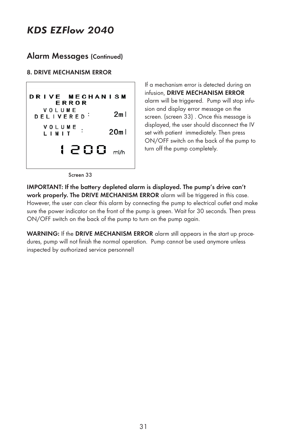 Kds ezflow 2040, Alarm messages | KD Scientific EZFLOW 2040 User Manual | Page 33 / 34