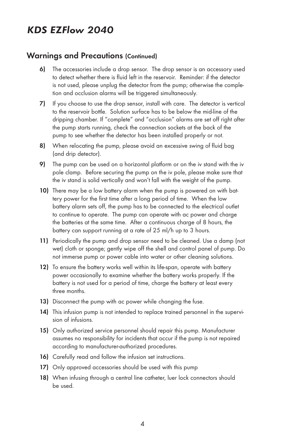 Kds ezflow 2040, Warnings and precautions | KD Scientific EZFLOW 2040 User Manual | Page 6 / 34