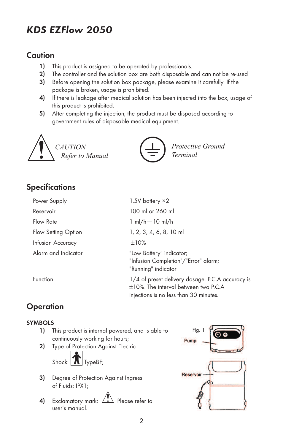 Kds ezflow 2050, Caution, Specifications | Operation | KD Scientific EZFLOW 2050 User Manual | Page 3 / 6