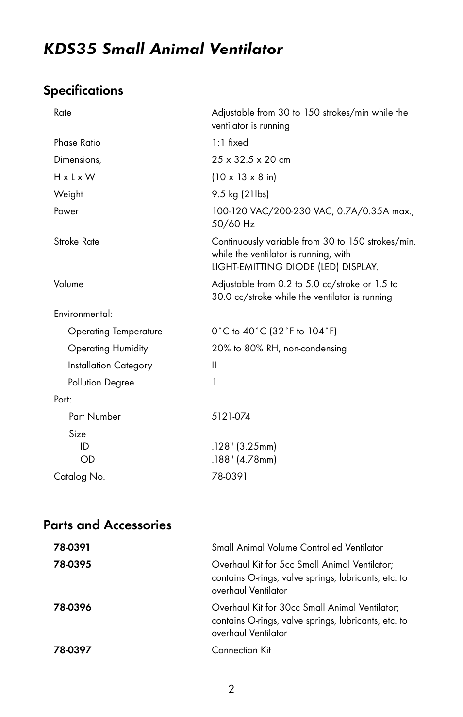 Kds35 small animal ventilator, Specifications, Parts and accessories | KD Scientific 35 Ventilator User Manual | Page 4 / 16