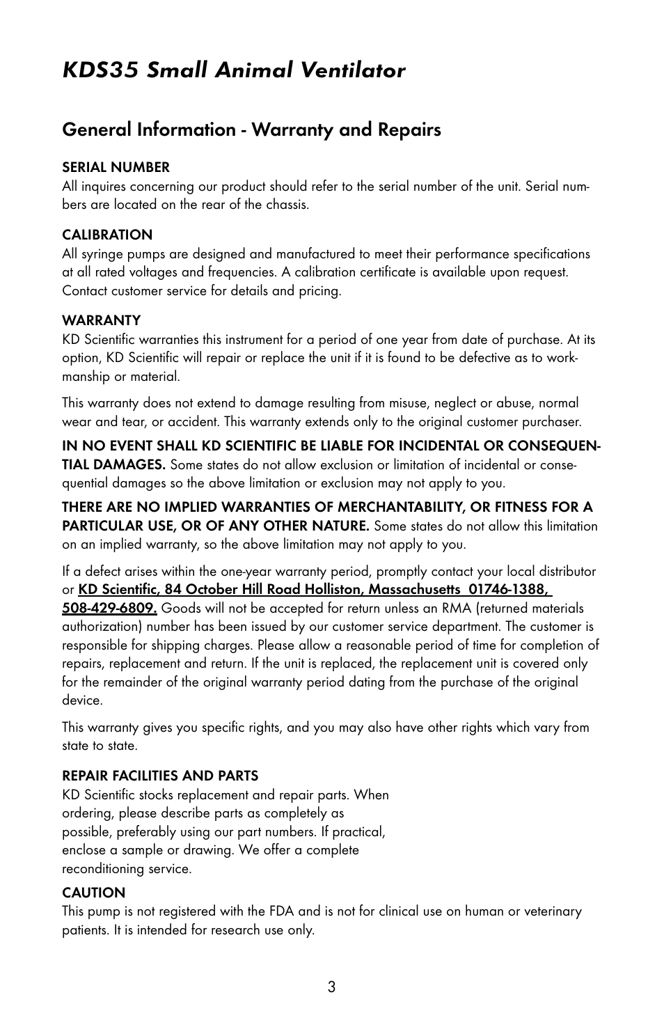 Kds35 small animal ventilator, General information - warranty and repairs | KD Scientific 35 Ventilator User Manual | Page 5 / 16