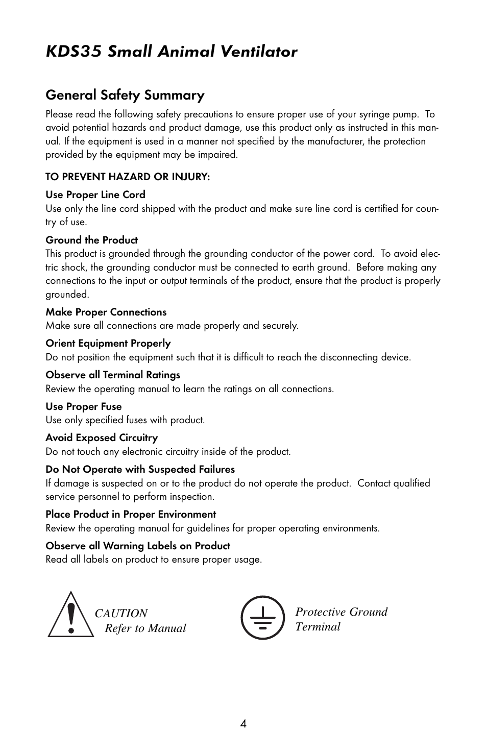 Kds35 small animal ventilator, General safety summary | KD Scientific 35 Ventilator User Manual | Page 6 / 16