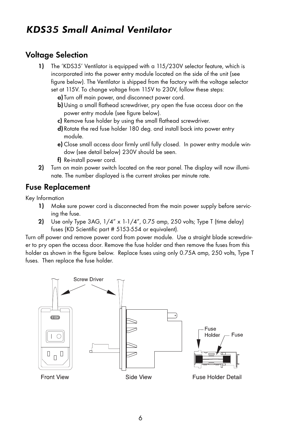 Kds35 small animal ventilator, Voltage selection, Fuse replacement | KD Scientific 35 Ventilator User Manual | Page 8 / 16