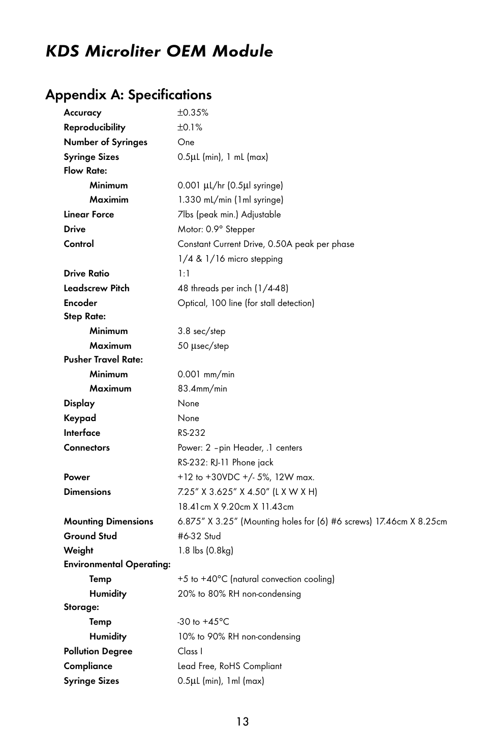 Kds microliter oem module, Appendix a: specifications | KD Scientific 900 OEM Pump User Manual | Page 13 / 22