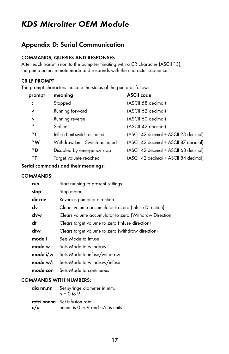 Kds microliter oem module, Appendix d: serial communication | KD Scientific 900 OEM Pump User Manual | Page 17 / 22