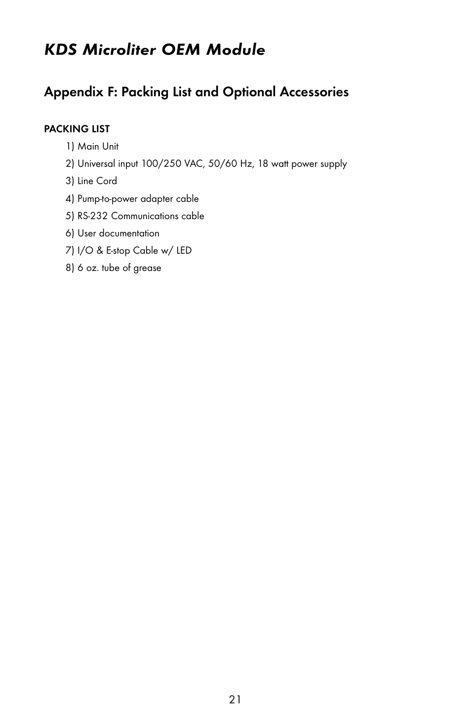 Kds microliter oem module, Appendix f: packing list and optional accessories | KD Scientific 900 OEM Pump User Manual | Page 21 / 22