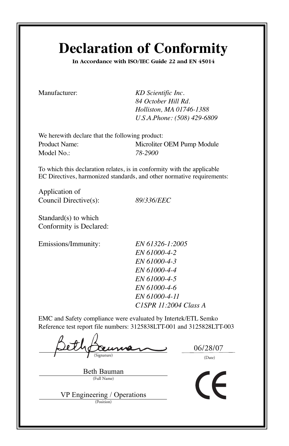 Declaration of conformity | KD Scientific 900 OEM Pump User Manual | Page 22 / 22