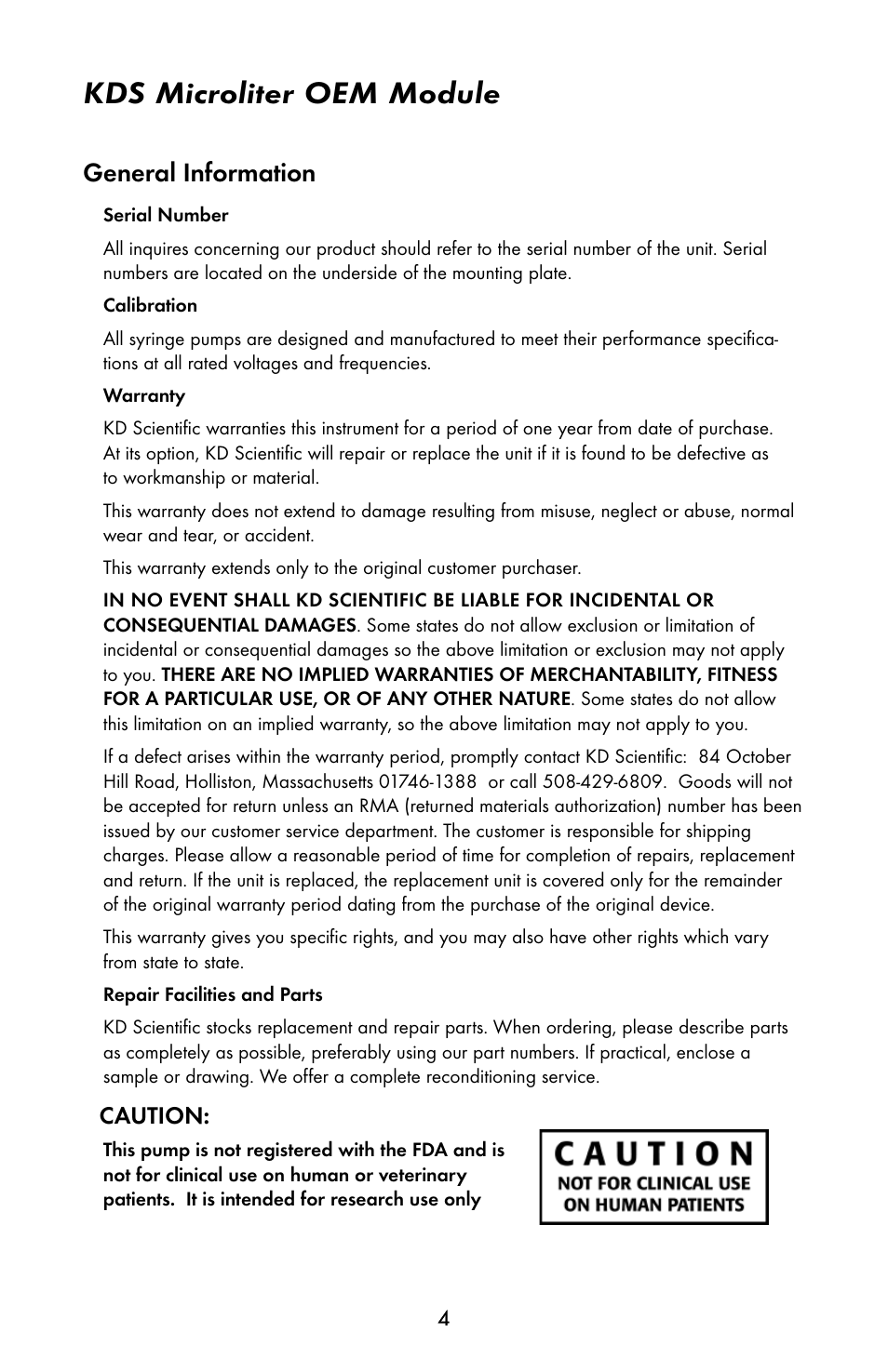 Kds microliter oem module, General information, Caution | KD Scientific 900 OEM Pump User Manual | Page 4 / 22