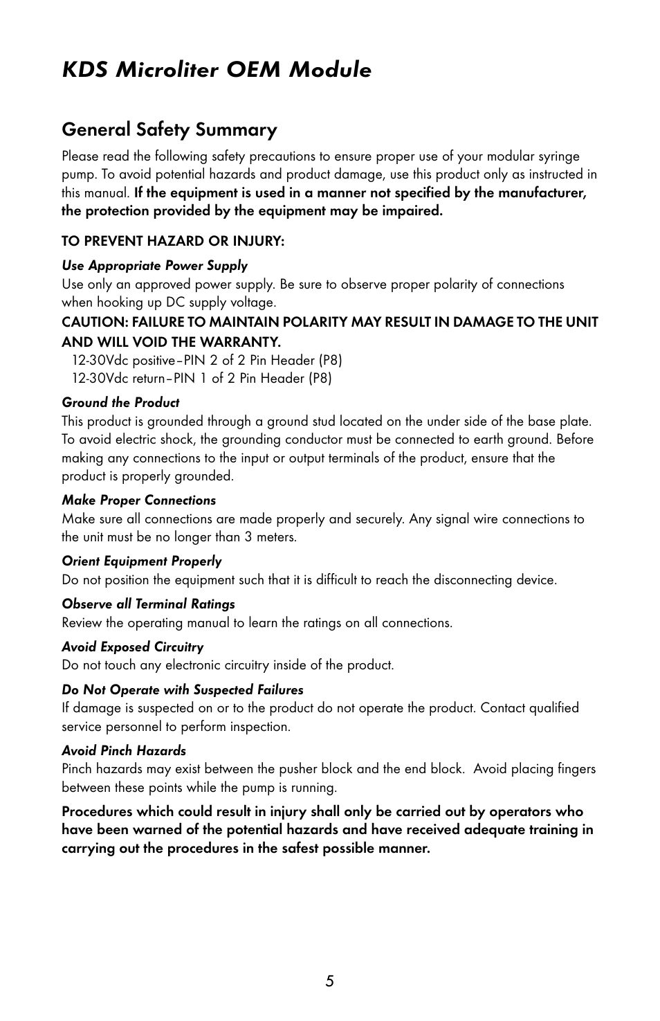 Kds microliter oem module, General safety summary | KD Scientific 900 OEM Pump User Manual | Page 5 / 22