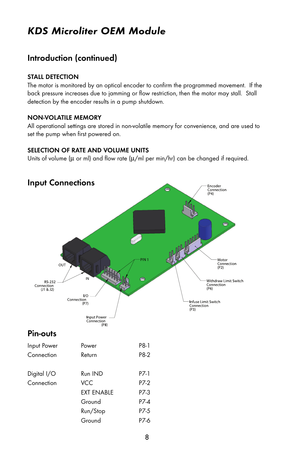 Kds microliter oem module, Introduction (continued), Pin-outs | Input connections | KD Scientific 900 OEM Pump User Manual | Page 8 / 22