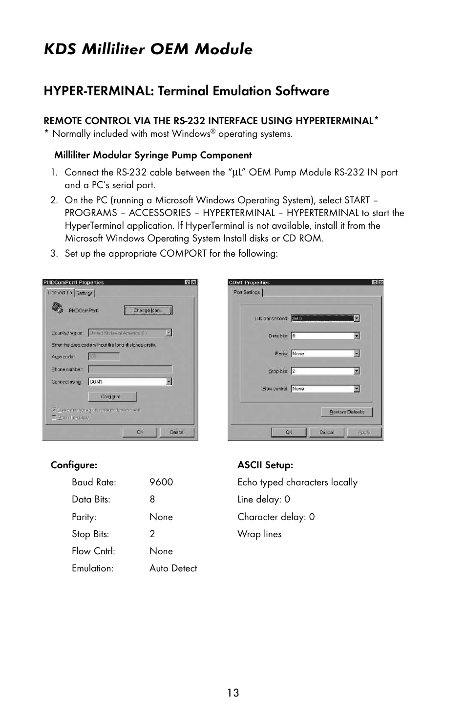 Kds milliliter oem module, Hyper-terminal: terminal emulation software | KD Scientific 910 OEM Pump User Manual | Page 12 / 23