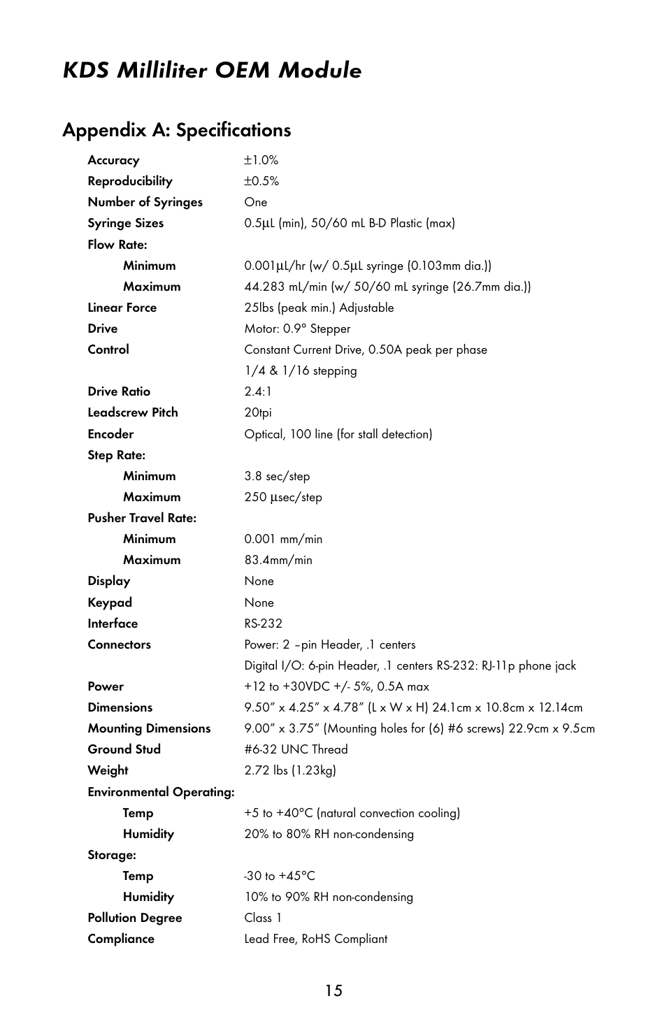 Kds milliliter oem module, Appendix a: specifications | KD Scientific 910 OEM Pump User Manual | Page 14 / 23