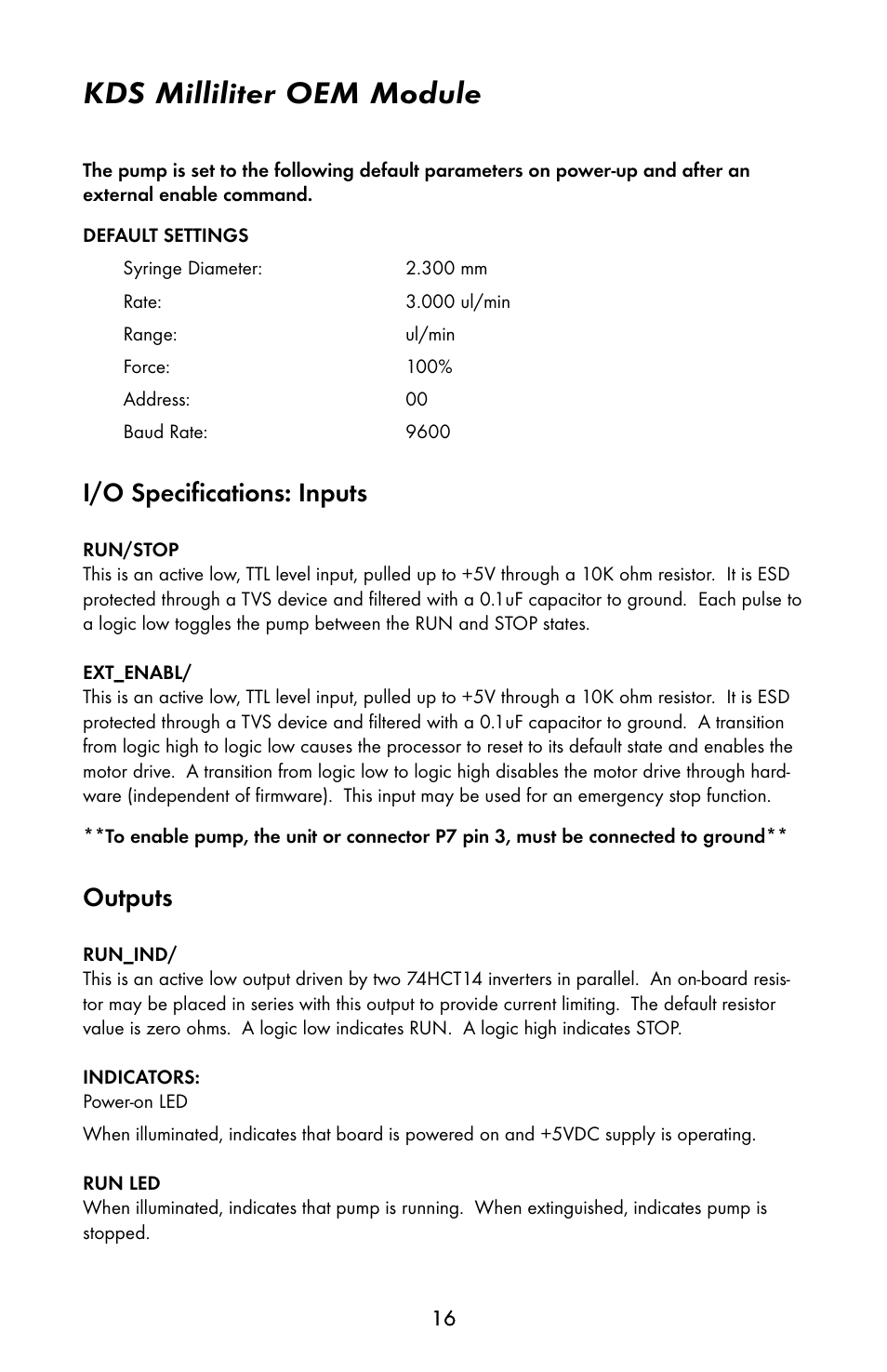 Kds milliliter oem module, I/o specifications: inputs, Outputs | KD Scientific 910 OEM Pump User Manual | Page 15 / 23