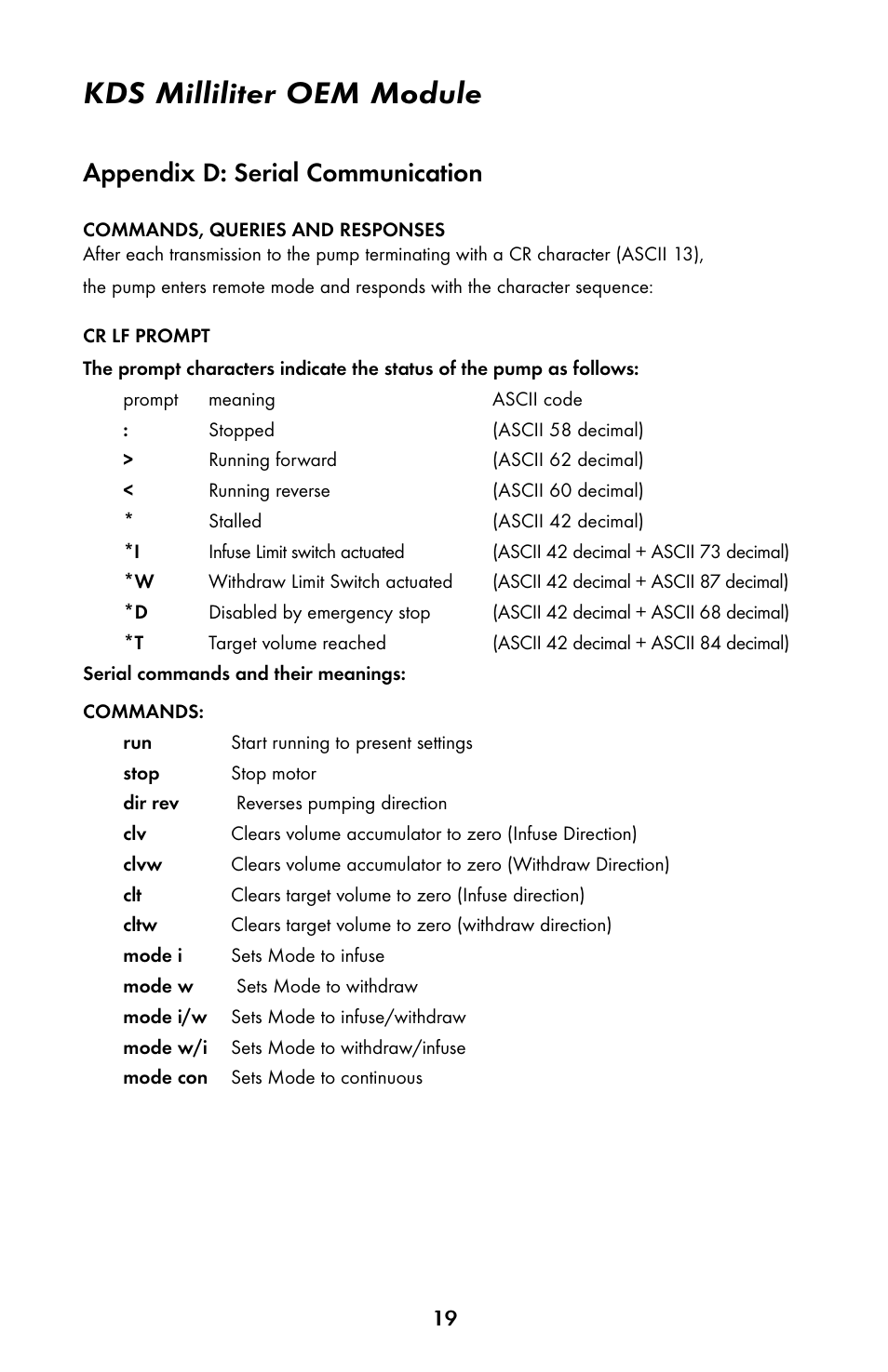 Kds milliliter oem module, Appendix d: serial communication | KD Scientific 910 OEM Pump User Manual | Page 18 / 23