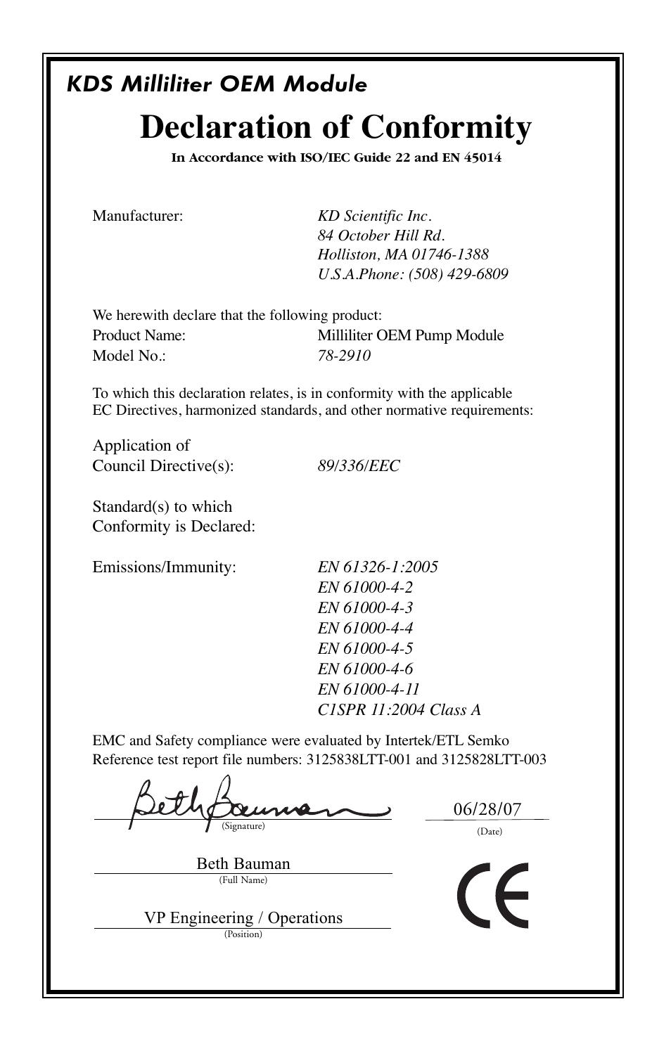 Declaration of conformity, Kds milliliter oem module | KD Scientific 910 OEM Pump User Manual | Page 23 / 23