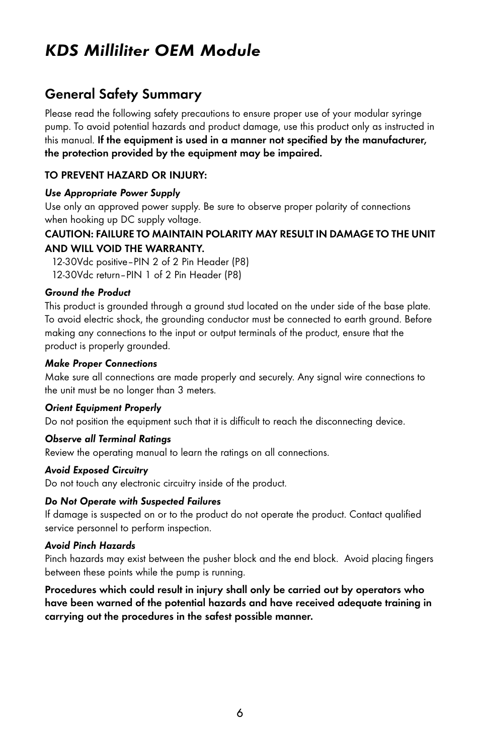 Kds milliliter oem module, General safety summary | KD Scientific 910 OEM Pump User Manual | Page 5 / 23