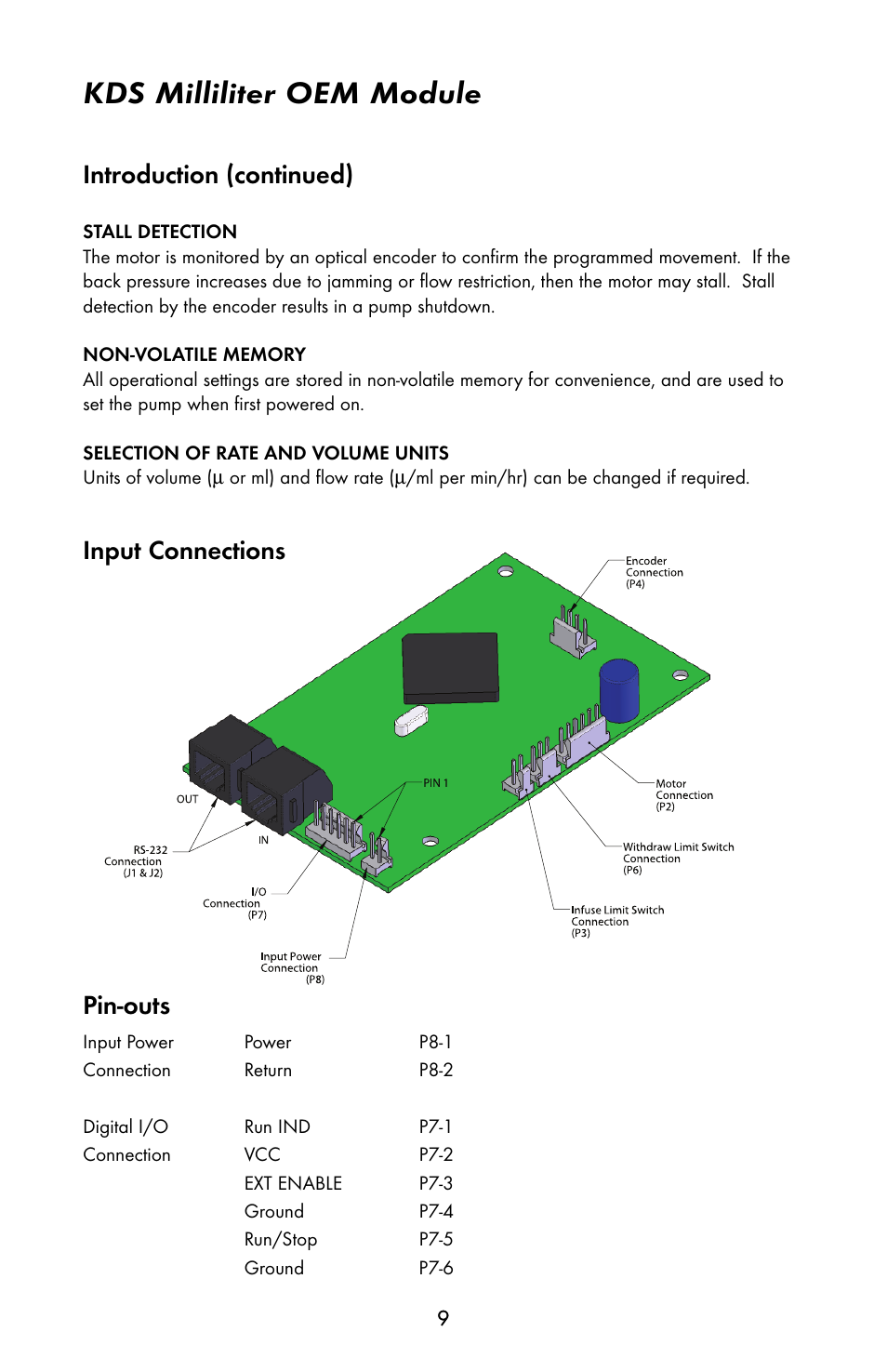 Kds milliliter oem module, Introduction (continued), Pin-outs | Input connections | KD Scientific 910 OEM Pump User Manual | Page 8 / 23