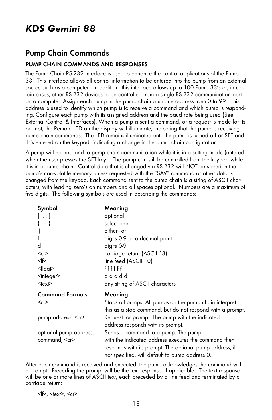 Kds gemini 88, Pump chain commands | KD Scientific Gemini 88 User Manual | Page 20 / 33