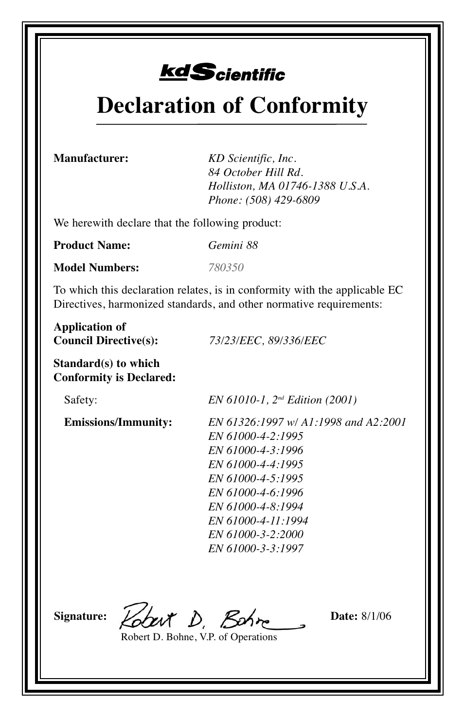 Declaration of conformity | KD Scientific Gemini 88 User Manual | Page 33 / 33