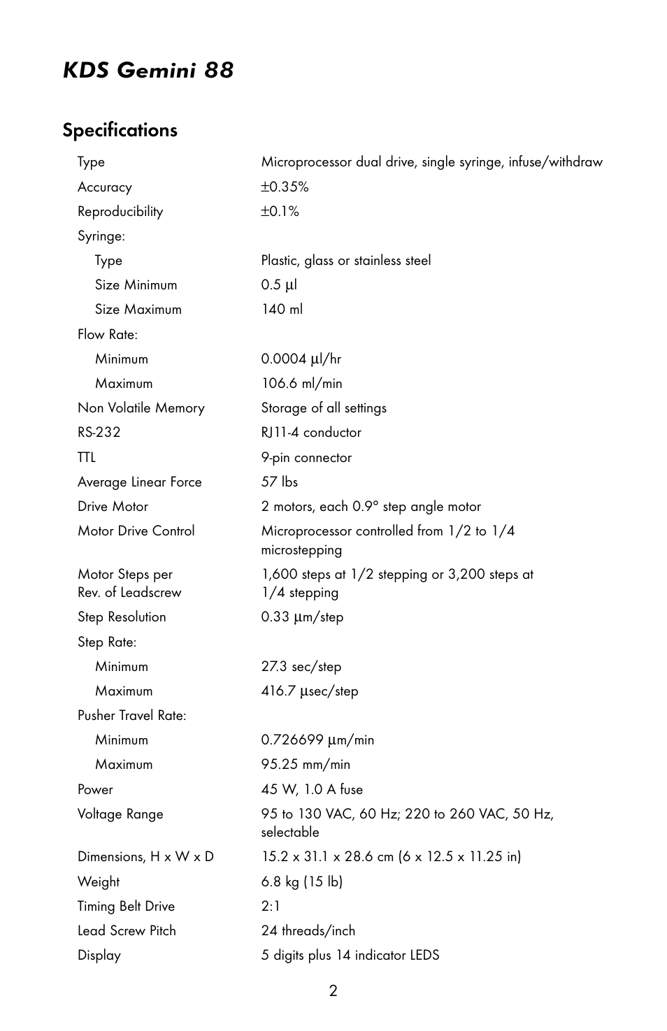 Kds gemini 88, Specifications | KD Scientific Gemini 88 User Manual | Page 4 / 33