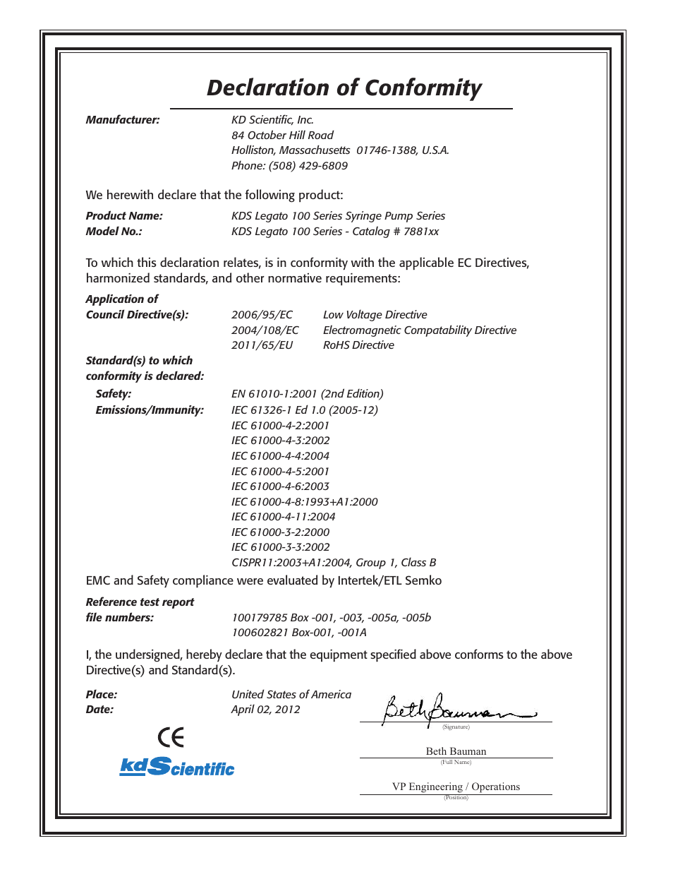 Declaration of conformity | KD Scientific Legato 100 Series User Manual | Page 71 / 71