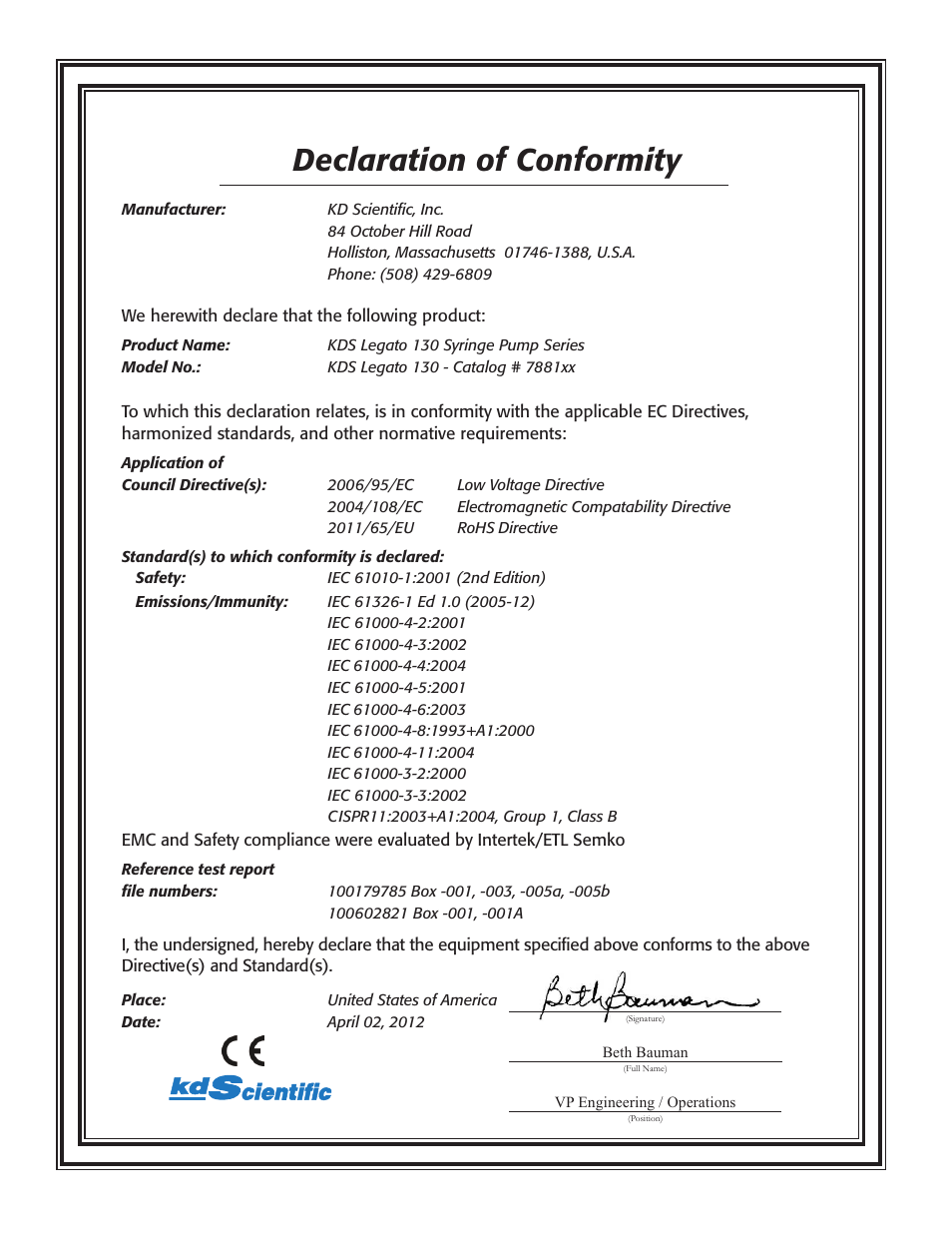 Declaration of conformity | KD Scientific Legato 130 Series User Manual | Page 70 / 70