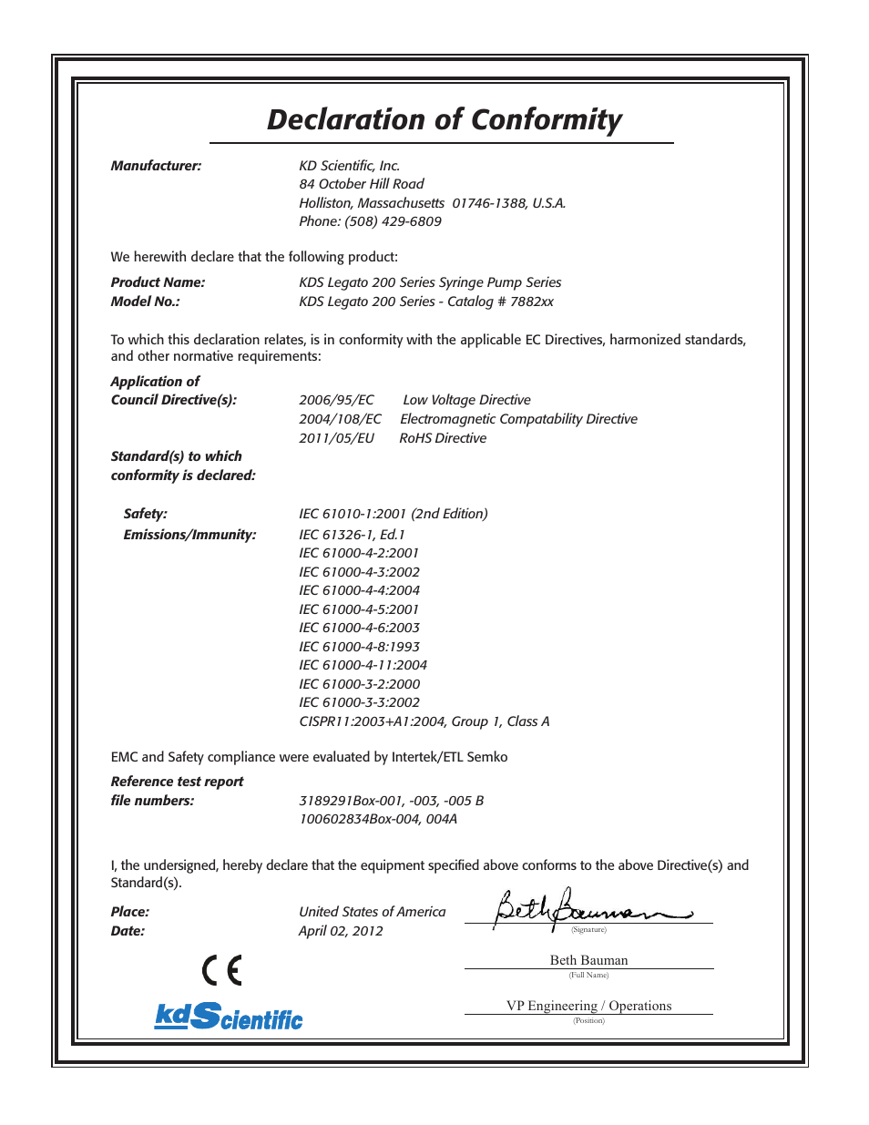 Declaration of conformity | KD Scientific Legato 200 Series User Manual | Page 90 / 90