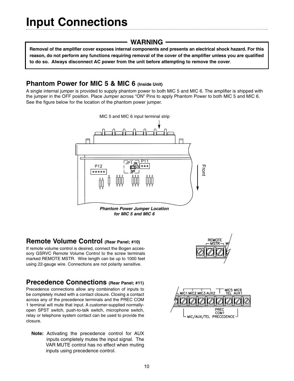 Input connections, Warning, Phantom power for mic 5 & mic 6 | Remote volume control, Precedence connections | Bogen GOLD SEAL SERIES AMPLIFIERS GS-35 User Manual | Page 10 / 20