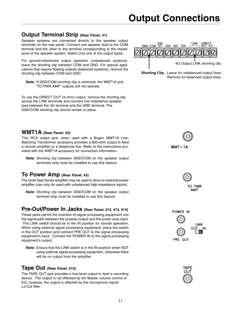 Output connections, Output terminal strip, Wmt1a | Pre-out/power in jacks, Tape out | Bogen GOLD SEAL SERIES AMPLIFIERS GS-35 User Manual | Page 11 / 20