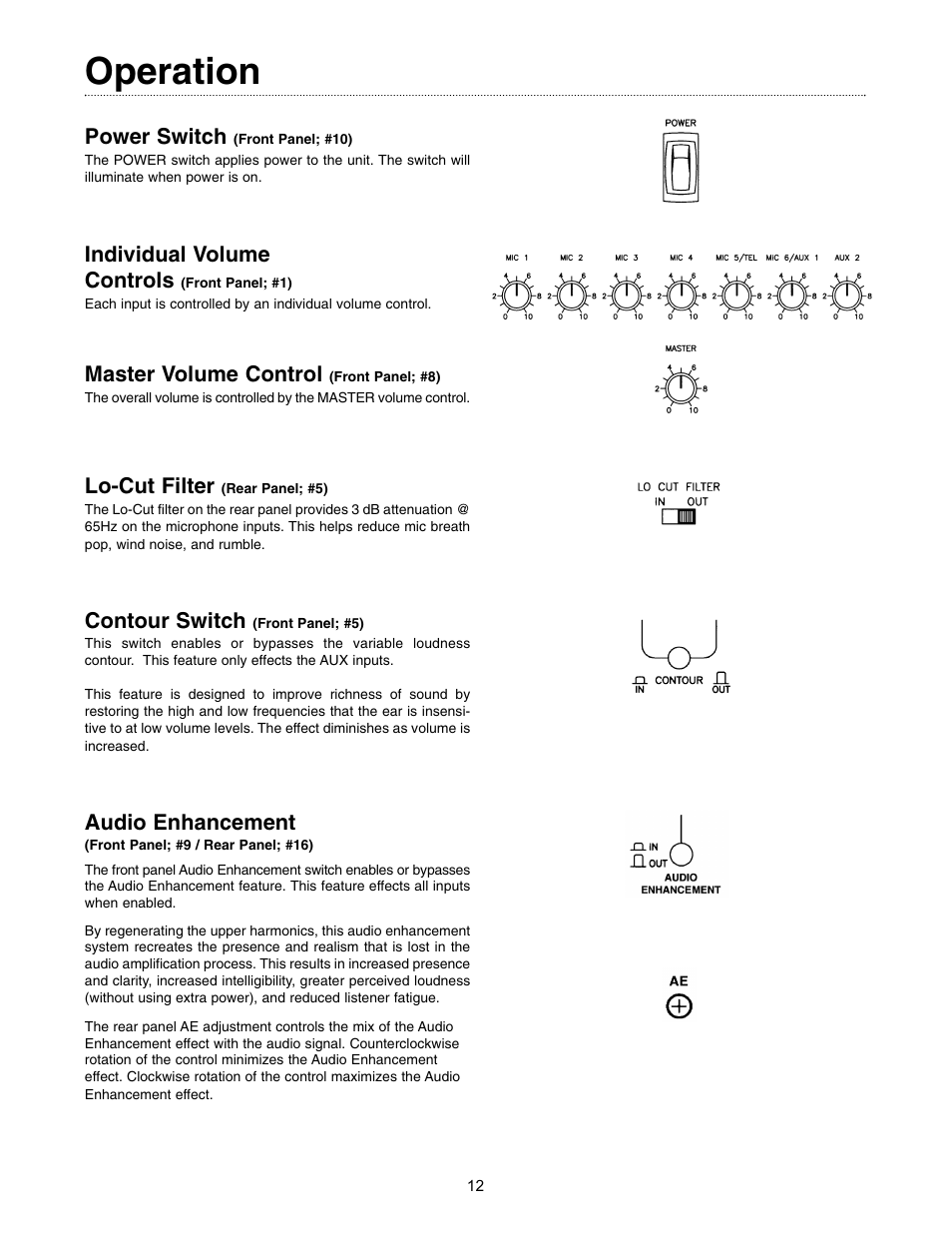 Operation, Power switch, Individual volume controls | Master volume control, Lo-cut filter, Contour switch, Audio enhancement | Bogen GOLD SEAL SERIES AMPLIFIERS GS-35 User Manual | Page 12 / 20