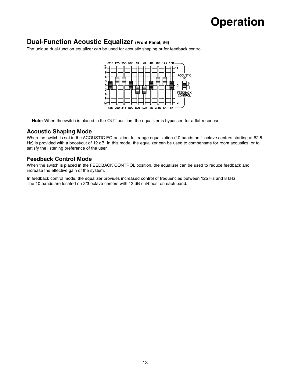 Operation, Dual-function acoustic equalizer | Bogen GOLD SEAL SERIES AMPLIFIERS GS-35 User Manual | Page 13 / 20