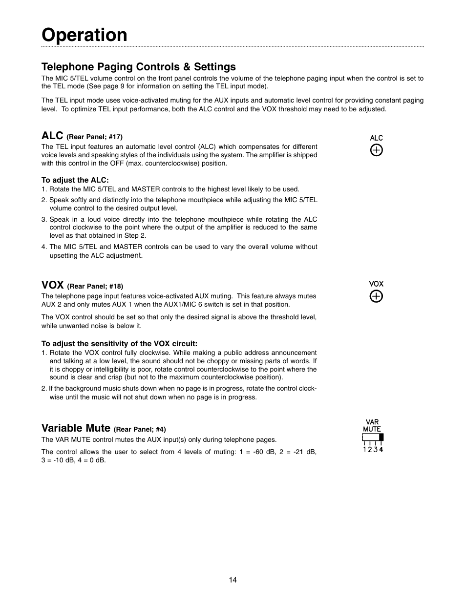 Operation, Telephone paging controls & settings, Variable mute | Bogen GOLD SEAL SERIES AMPLIFIERS GS-35 User Manual | Page 14 / 20