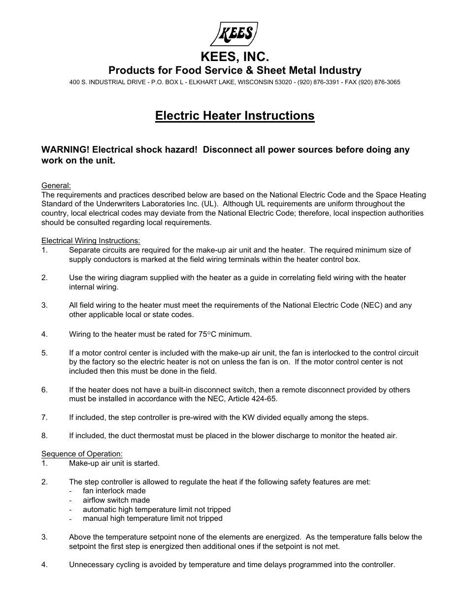 Kees MUA TEMPERED MAKE-UP AIR UNITS - Heating & Cooling Coil I & M Manual User Manual | 6 pages