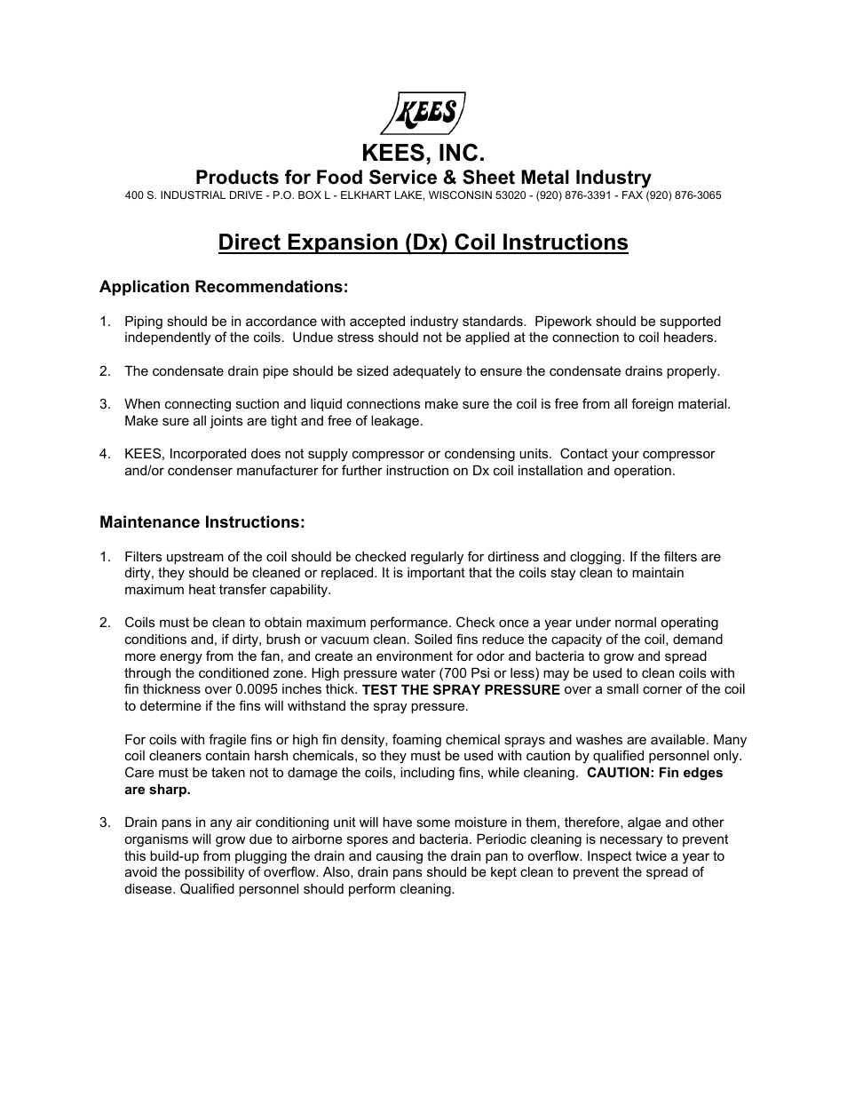 Kees, inc, Direct expansion (dx) coil instructions, Products for food service & sheet metal industry | Kees MUA TEMPERED MAKE-UP AIR UNITS - Heating & Cooling Coil I & M Manual User Manual | Page 2 / 6