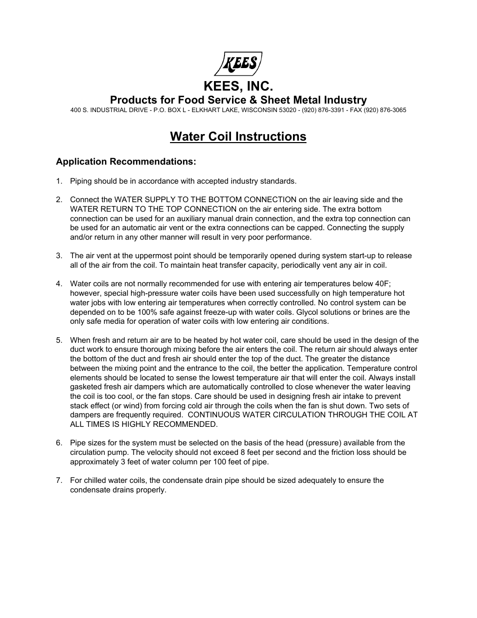 Kees, inc, Water coil instructions, Products for food service & sheet metal industry | Kees MUA TEMPERED MAKE-UP AIR UNITS - Heating & Cooling Coil I & M Manual User Manual | Page 3 / 6