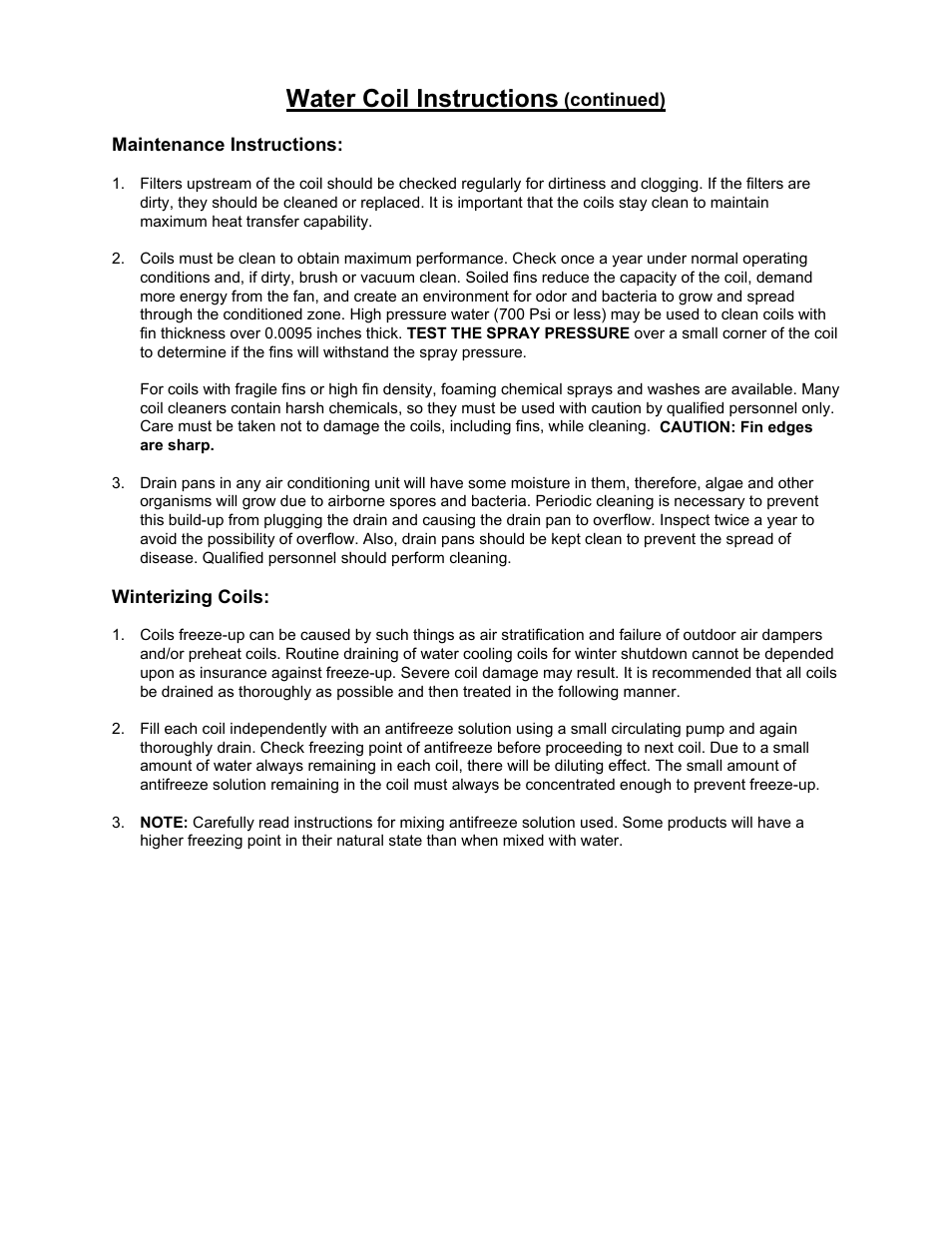 Winterizing coils, Water coil instructions | Kees MUA TEMPERED MAKE-UP AIR UNITS - Heating & Cooling Coil I & M Manual User Manual | Page 4 / 6