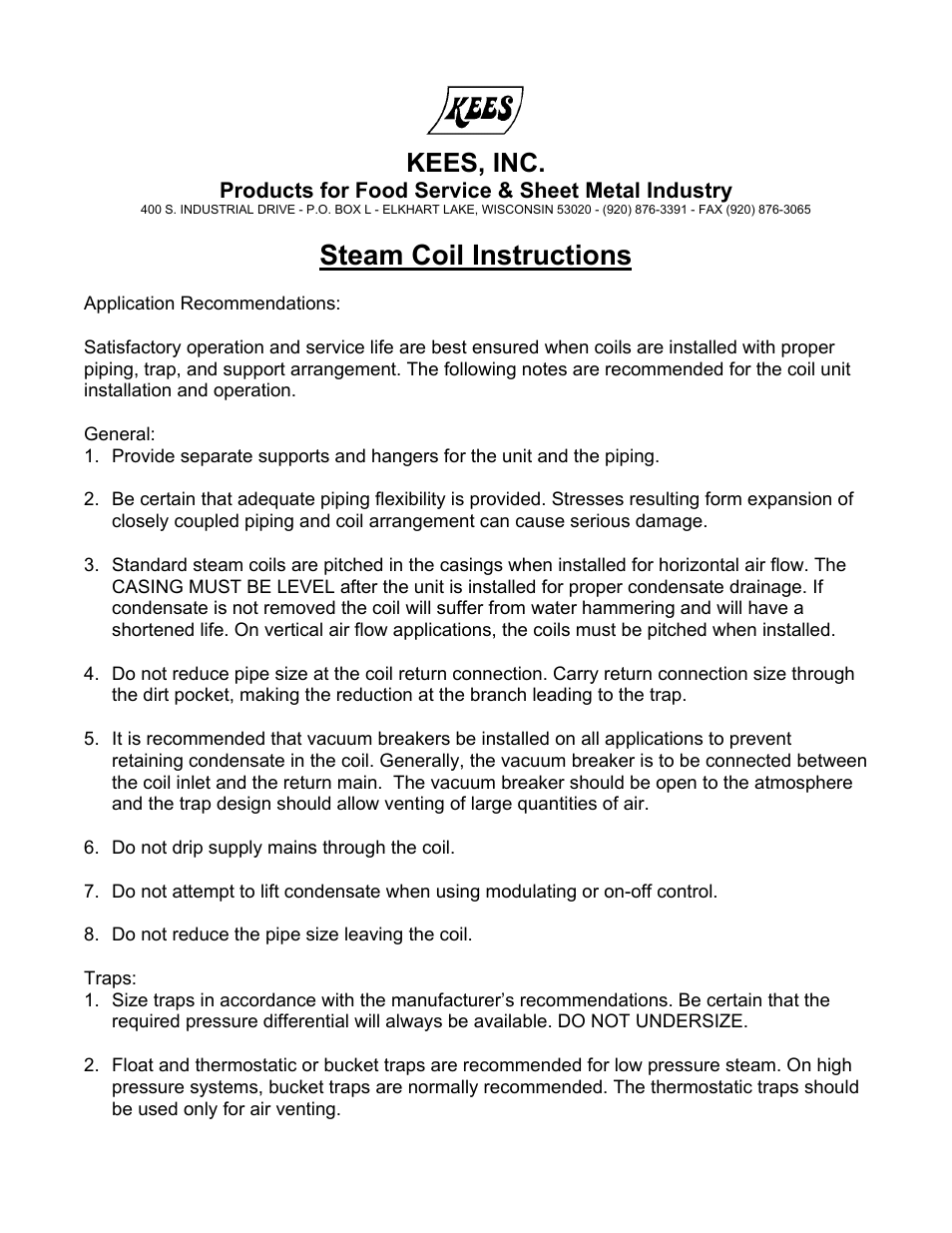 Products for food service & sheet metal industry, Steam coil instructions, Kees, inc | Kees MUA TEMPERED MAKE-UP AIR UNITS - Heating & Cooling Coil I & M Manual User Manual | Page 5 / 6